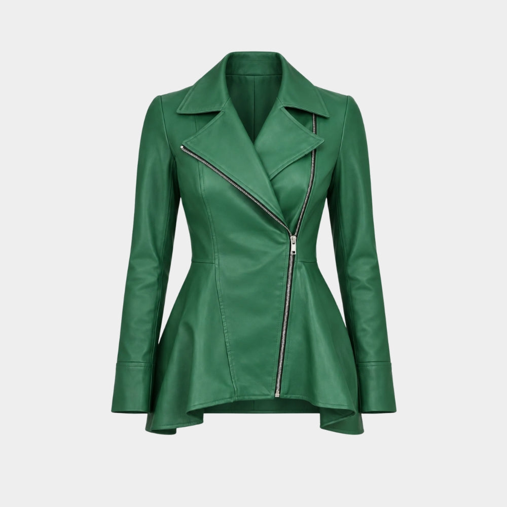 Peplum Asymmetrical Green Leather Jacket