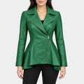 Peplum Asymmetrical Green Leather Jacket