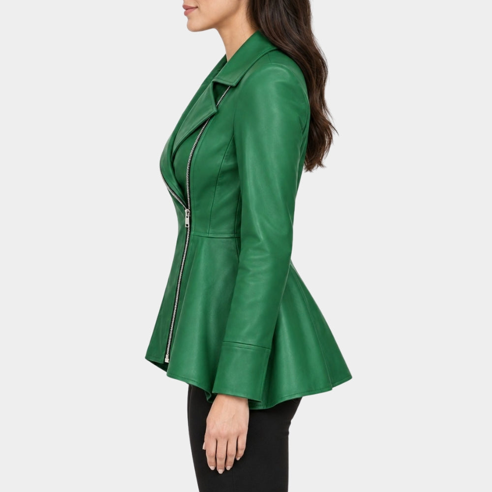 Peplum Asymmetrical Green Leather Jacket