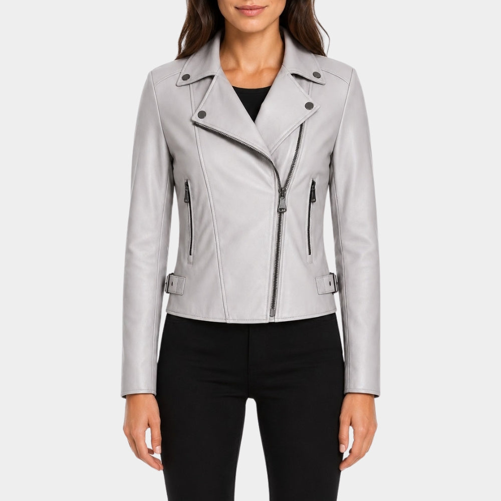 Grey Leather Biker Jacket