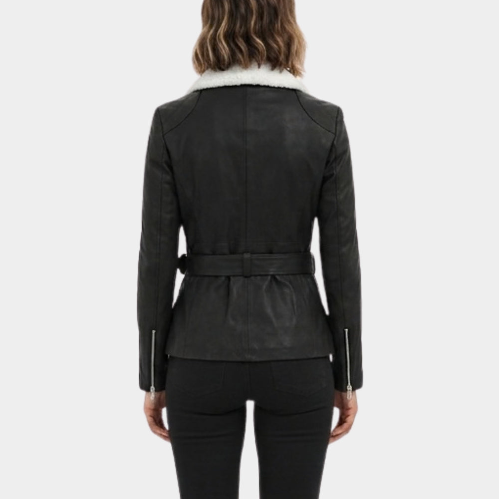 Shearling Collar Black Leather Jacket