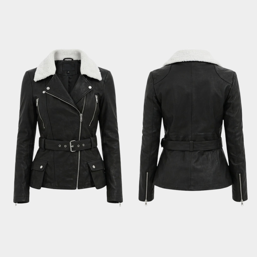 Shearling Collar Black Leather Jacket