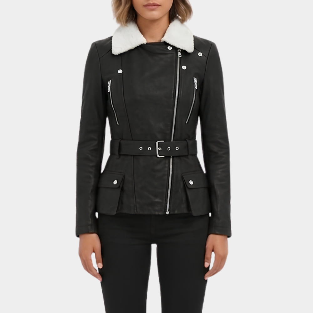 Shearling Collar Black Leather Jacket