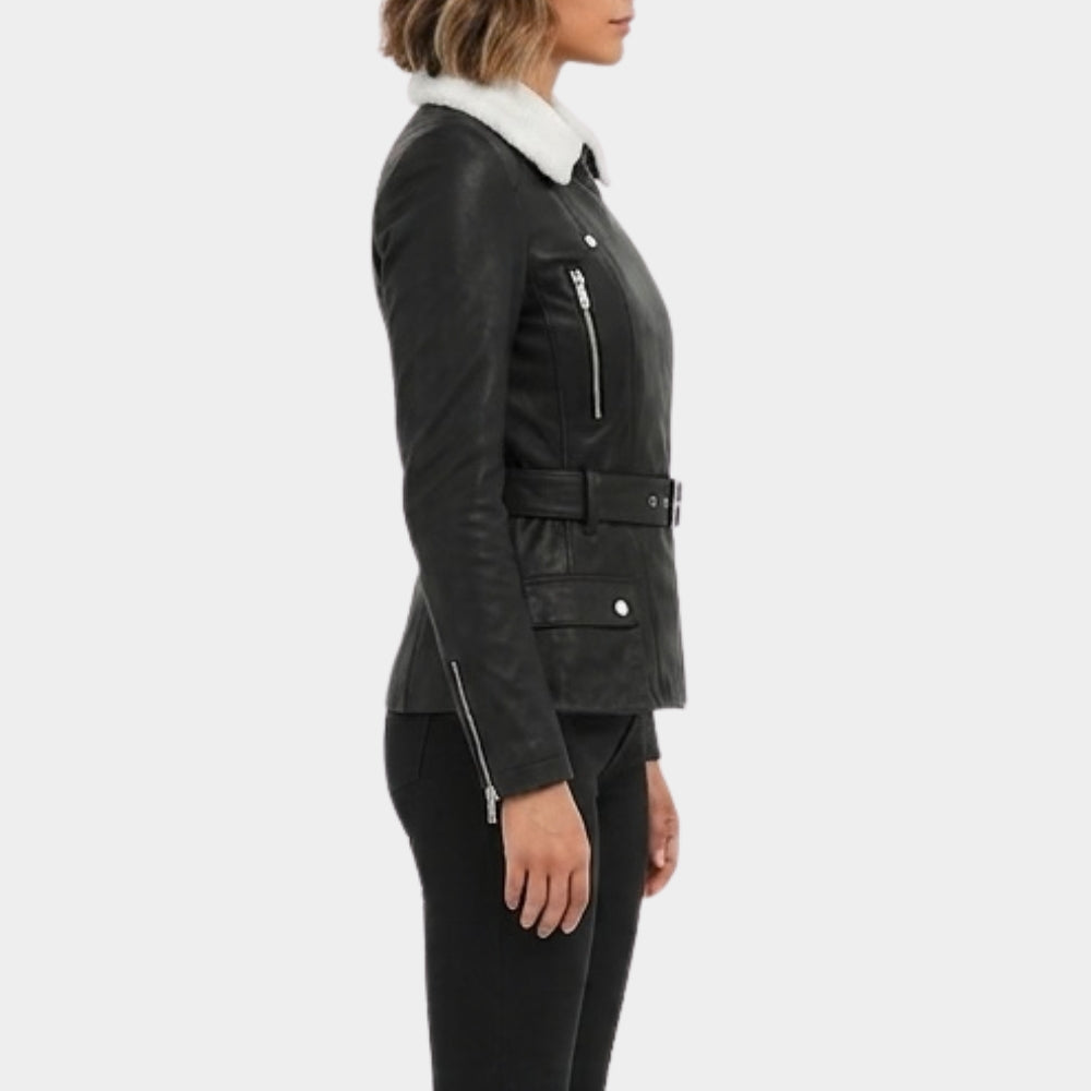 Shearling Collar Black Leather Jacket