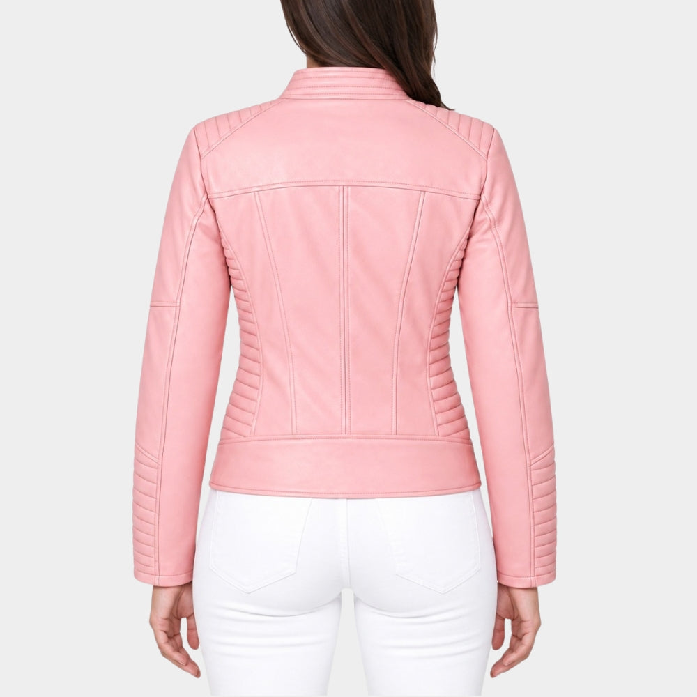 Pink Asymmetrical Leather Moto Biker Jacket