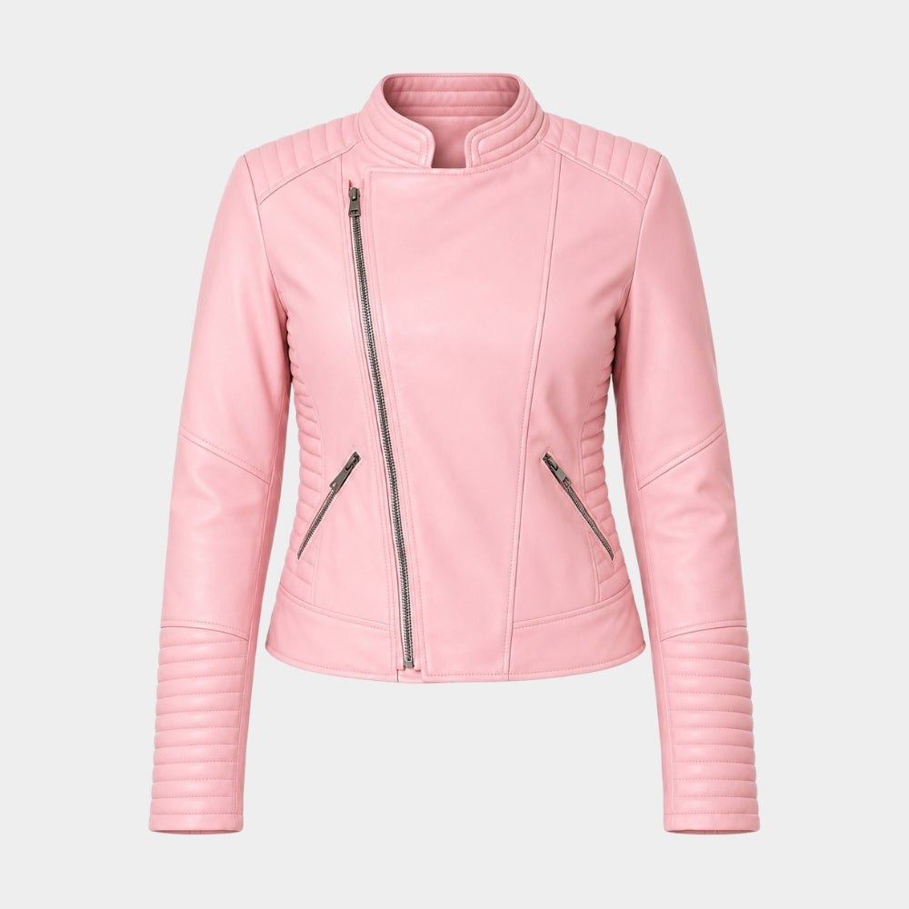 Pink Asymmetrical Leather Moto Biker Jacket