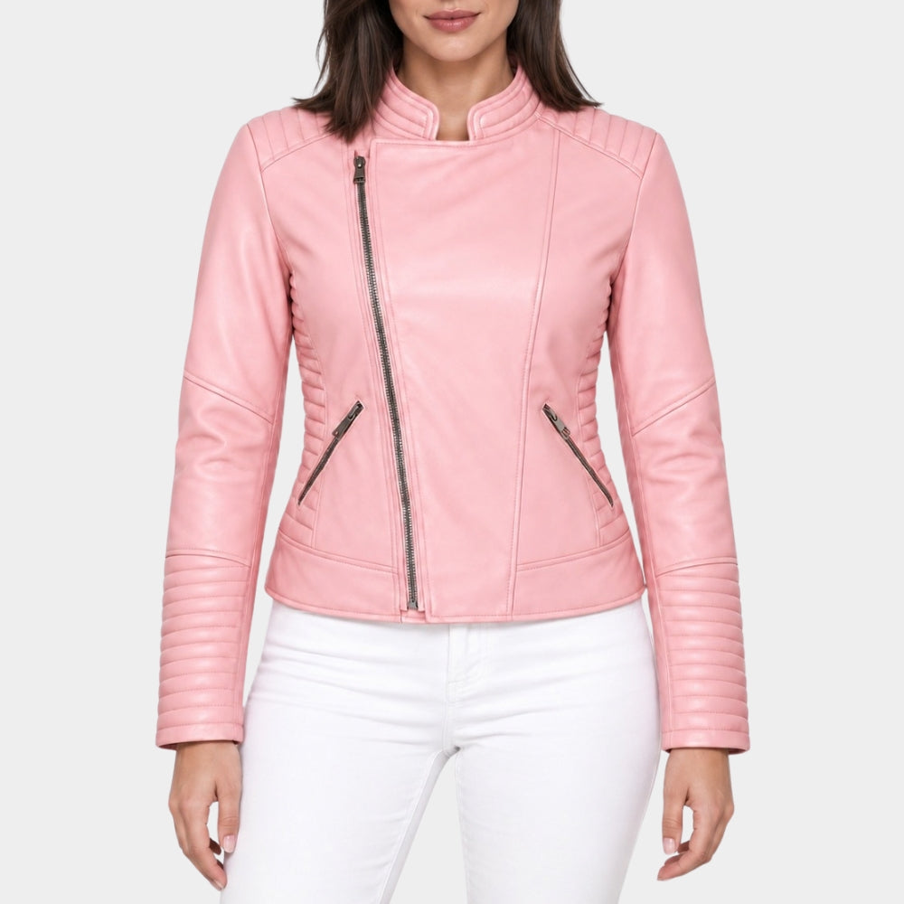 Pink Asymmetrical Leather Moto Biker Jacket