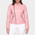 Pink Asymmetrical Leather Moto Biker Jacket