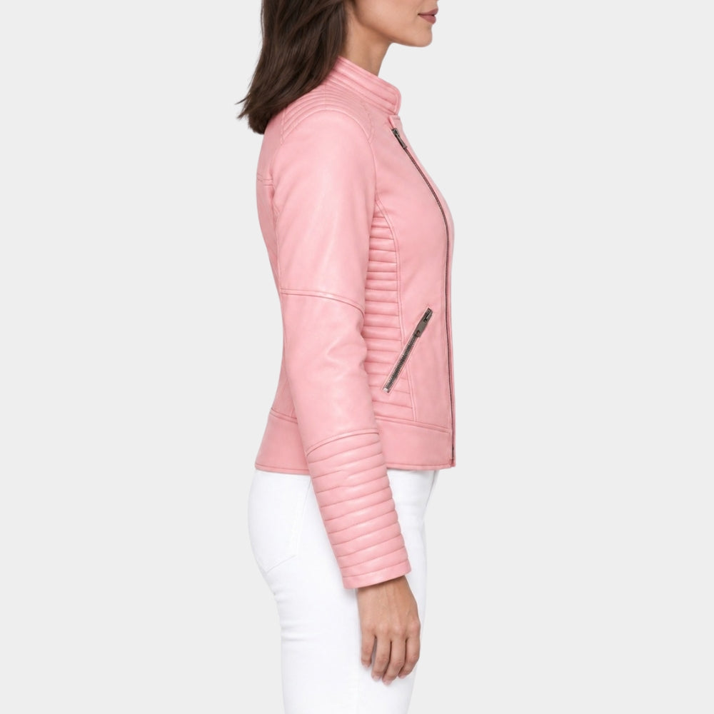 Pink Asymmetrical Leather Moto Biker Jacket