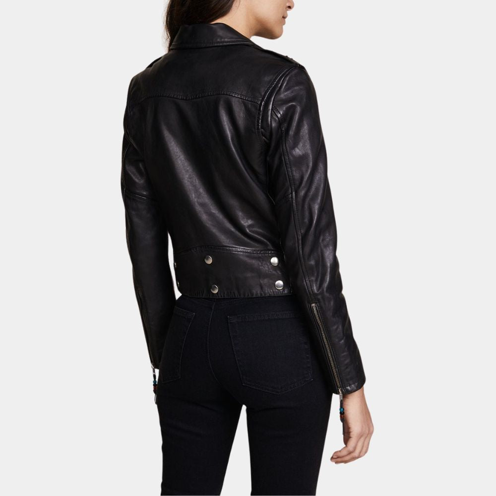 Yellowjackets S03 Natalie aka Sophie Thatcher Black Leather Biker Jacket - Back View
