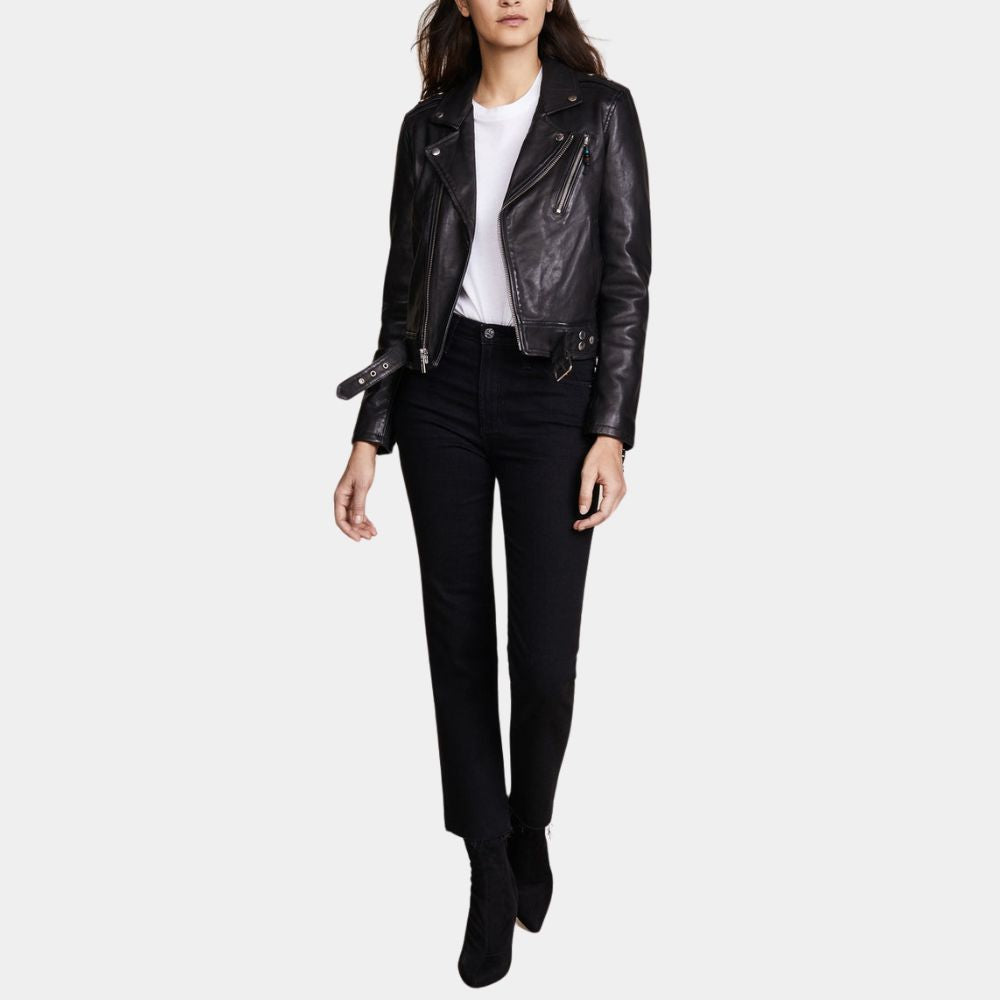 Yellowjackets S03 Natalie aka Sophie Thatcher Black Leather Biker Jacket - Front Posture View
