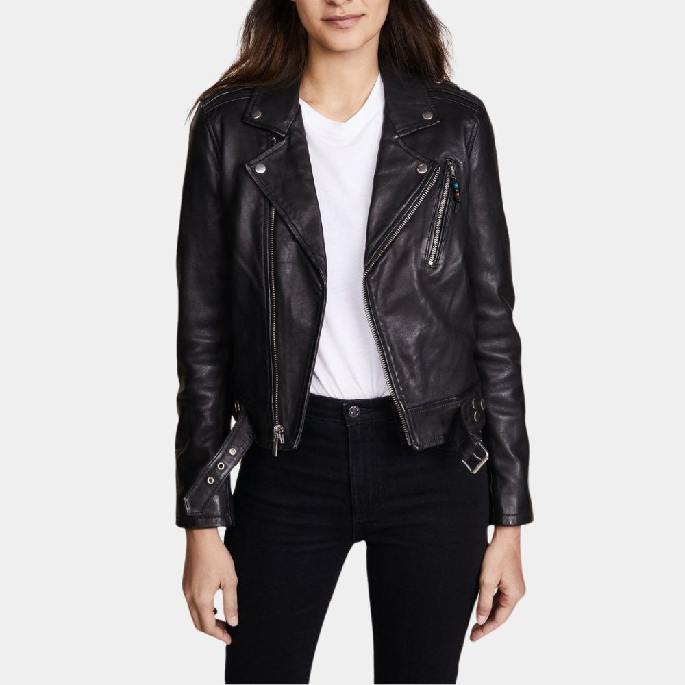 Yellowjackets S03 Natalie aka Sophie Thatcher Black Leather Biker Jacket - Front View