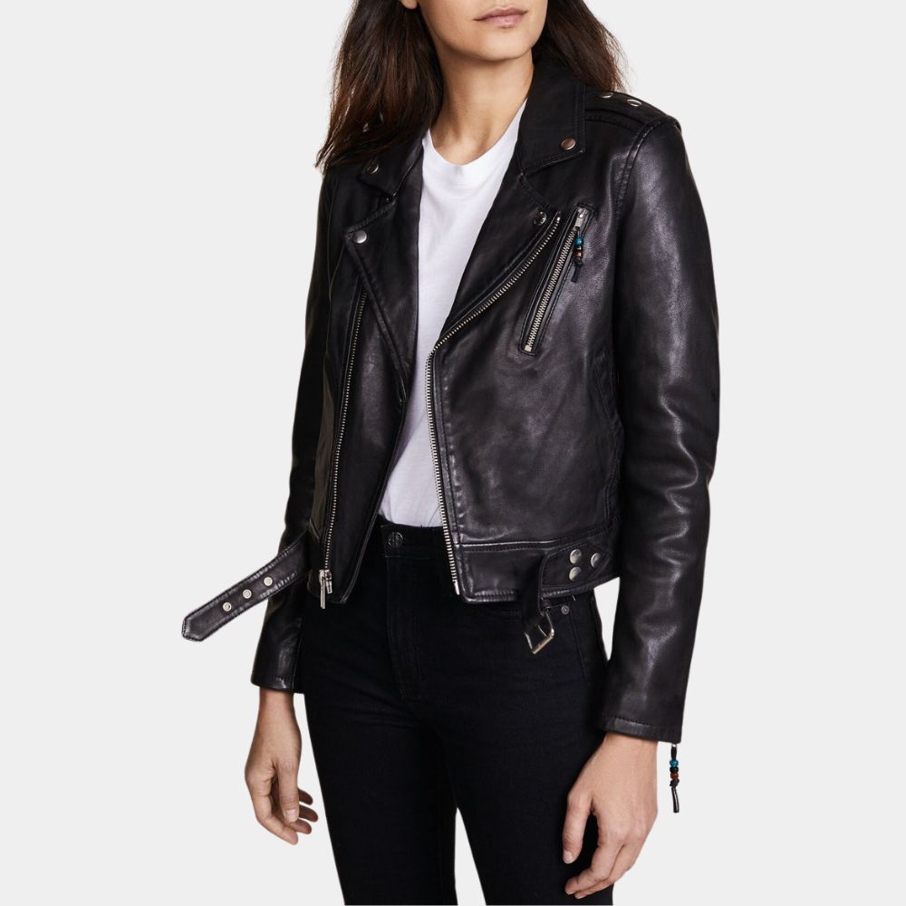 Yellowjackets S03 Natalie aka Sophie Thatcher Black Leather Biker Jacket - Posture Front View