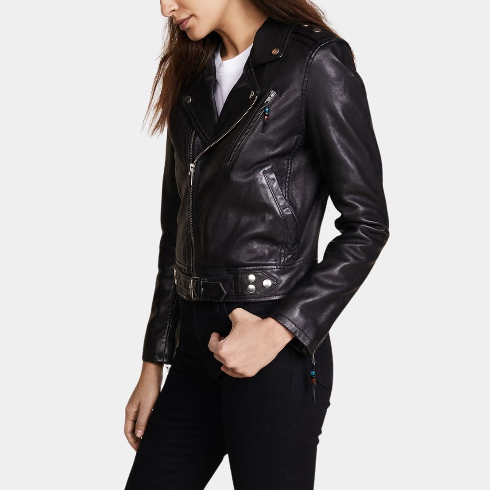 Yellowjackets S03 Natalie aka Sophie Thatcher Black Leather Biker Jacket - Side View