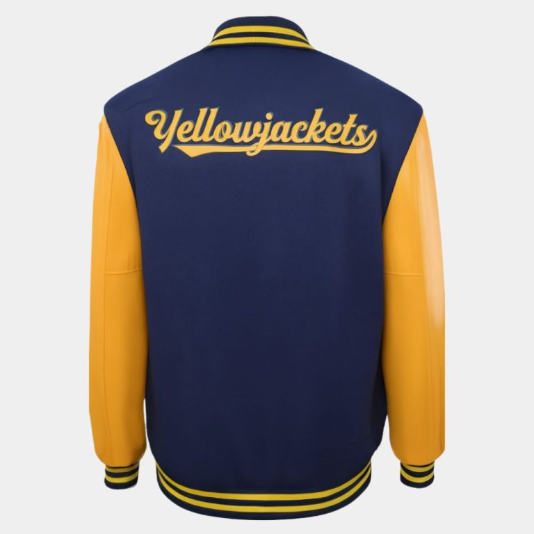 Yellowjackets Yellow and Blue Letterman Jacket - Mannequin Back View