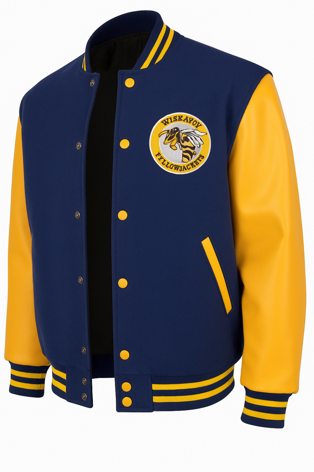 Yellowjackets Yellow and Blue Letterman Jacket - Mannequin Front View
