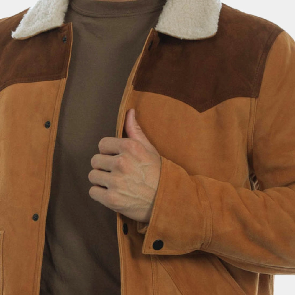 Yellowstone S05 John Dutton Suede Leather Rancher Style Jacket - Close-Up View
