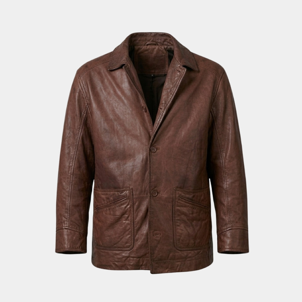 Yes Man  Carl Allen aka Jim Carrey Brown Leather Jacket - Mannequin Front View