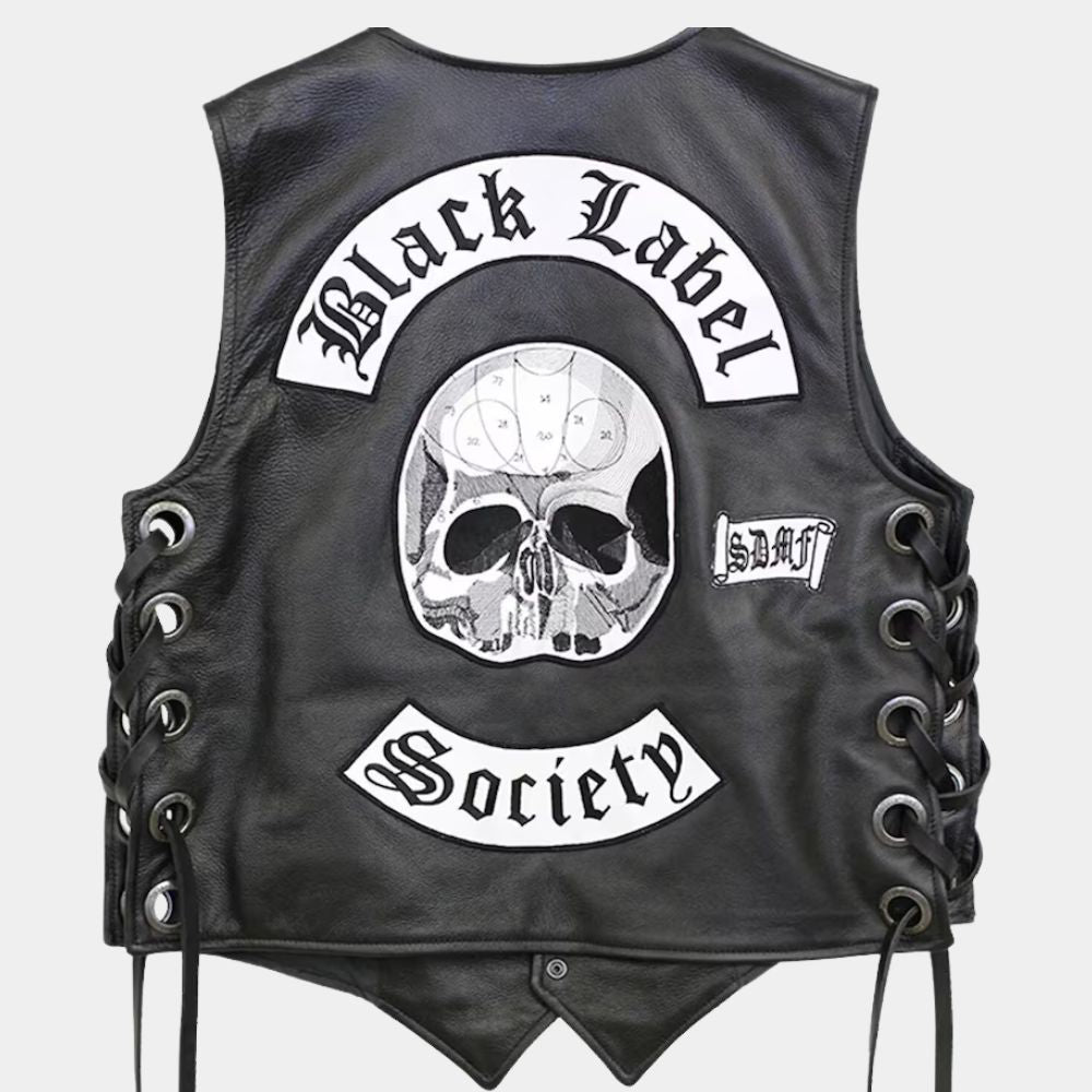 Zakk Wylde  Black Label Society Black leather vest - Mannequin Back View