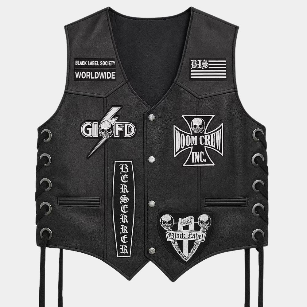 Zakk Wylde  Black Label Society Black leather vest - Mannequin Front View