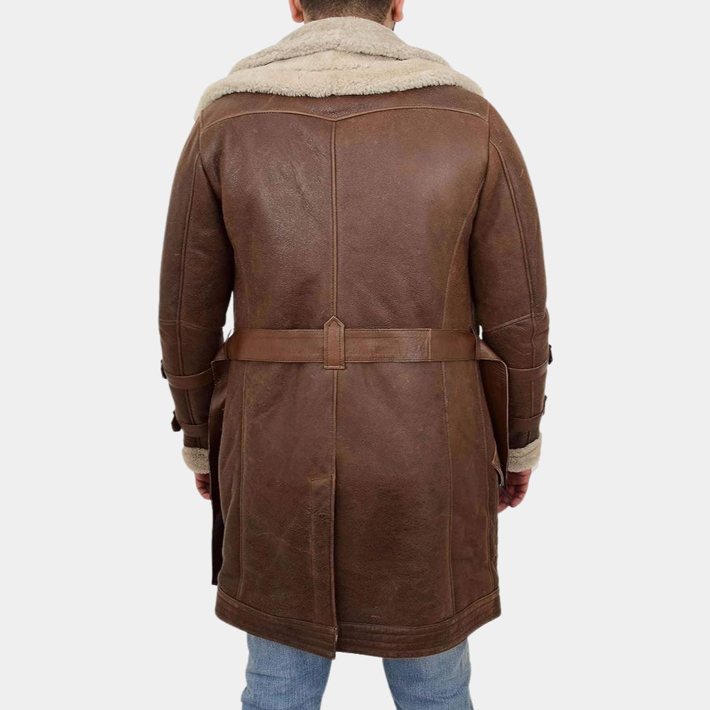 Zolo Mens Parka Style 3/4 Long Brown Jacket - Brown Real Leather Duffle Coat - Back View