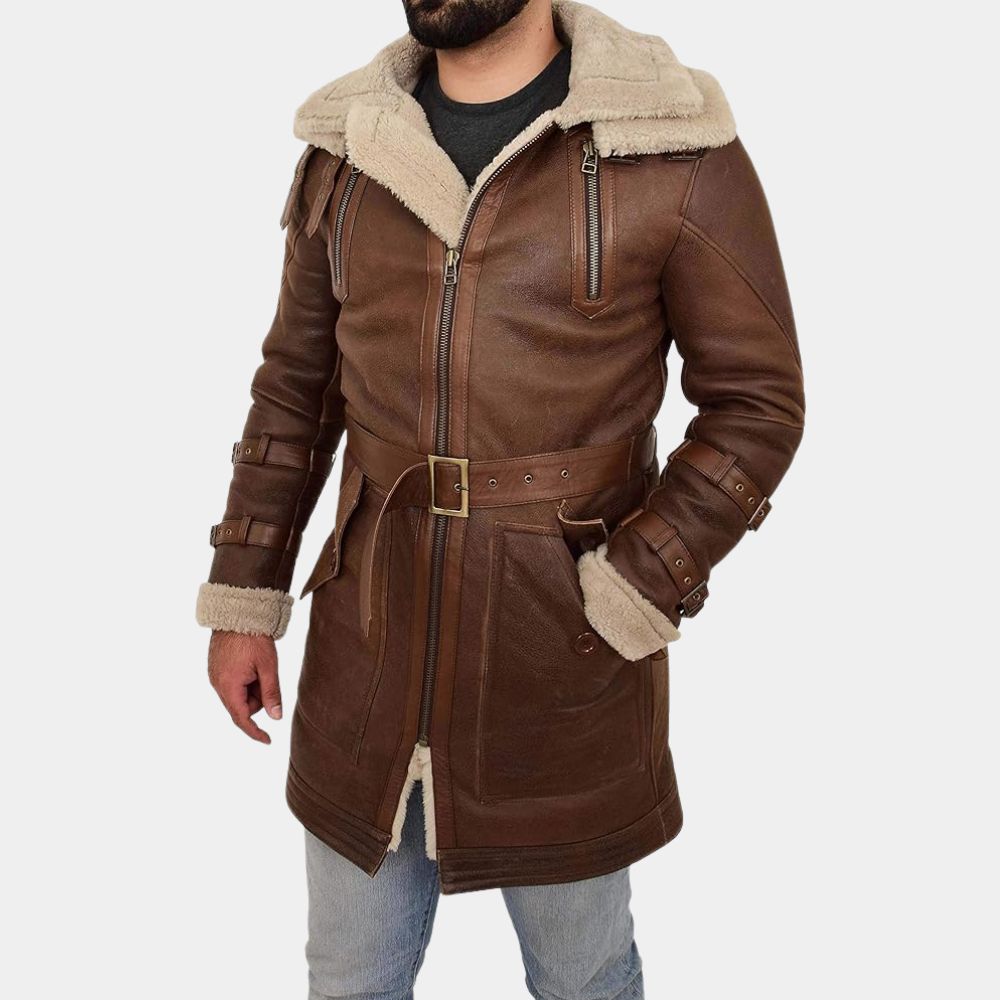 Zolo Mens Parka Style 3/4 Long Brown Jacket - Brown Real Leather Duffle Coat - Front Closure View