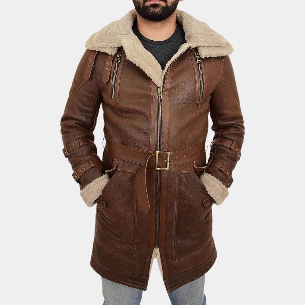 Zolo Mens Parka Style 3/4 Long Brown Jacket - Brown Real Leather Duffle Coat - Front Posture View
