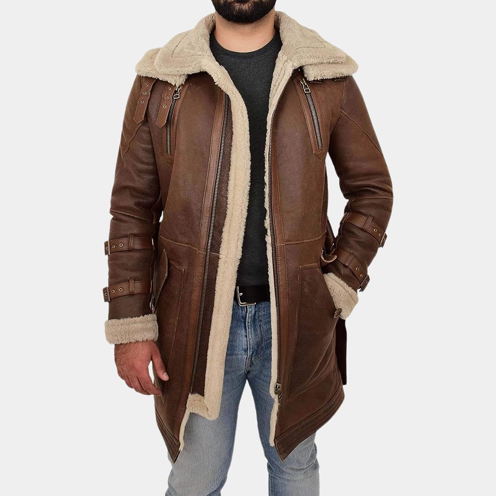 Zolo Mens Parka Style 3/4 Long Brown Jacket - Brown Real Leather Duffle Coat - Front View