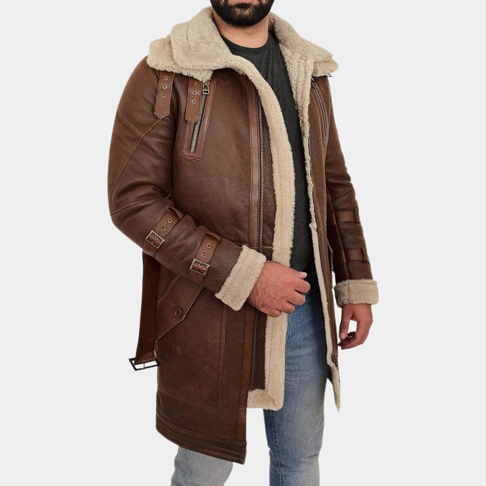 Zolo Mens Parka Style 3/4 Long Brown Jacket - Brown Real Leather Duffle Coat - Side Posture View