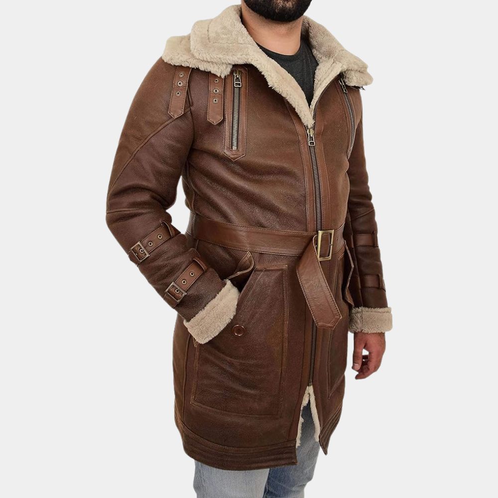 Zolo Mens Parka Style 3/4 Long Brown Jacket - Brown Real Leather Duffle Coat - Side View